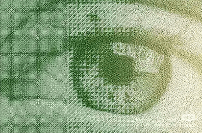 Olho em retícula verde, elemento da identidade Eternize